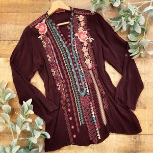Johnny Was Floral Embroidered Blouse in Rich Burgundy